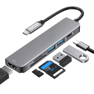 6-in-1 USB-C Hub connected to a laptop, showcasing its HDMI, USB 3.0, SD/microSD slots, and Type-C charging port in a sleek, compact design.
