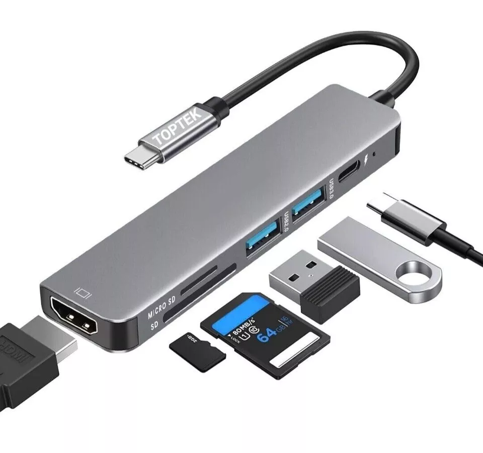 6-in-1 USB-C Hub connected to a laptop, showcasing its HDMI, USB 3.0, SD/microSD slots, and Type-C charging port in a sleek, compact design.