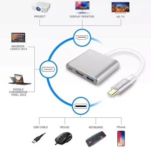 3-in-1 USB-C to HDMI Hub Adapter with USB 3.0 and 4K Support, featuring a sleek and compact design, perfect for MacBook Pro, Samsung Galaxy, and other USB-C devices.